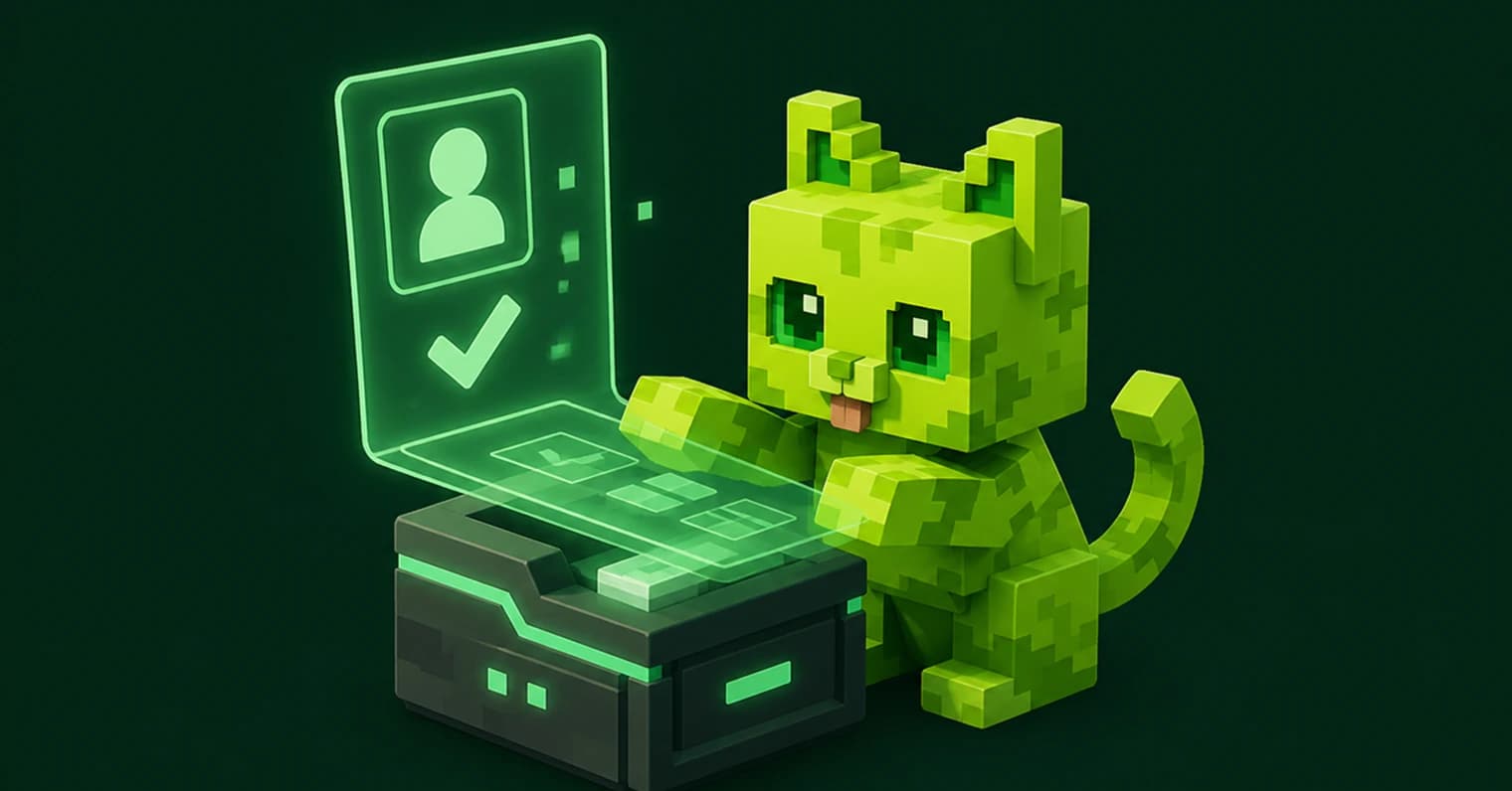 Green Minecraft cat creating an account at a terminal